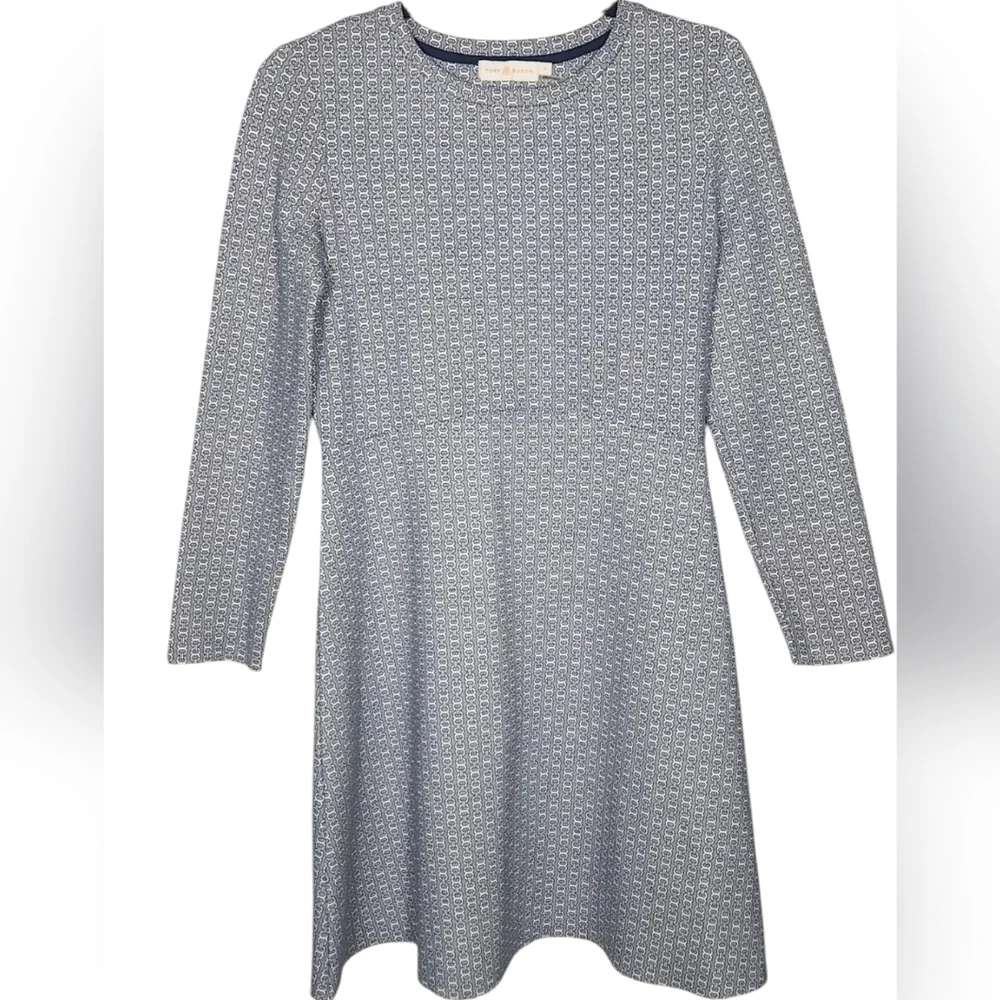 Tory Burch Corrine Crew Neck Long Sleeve Dress Chainlink Pattern Iconic Logo S